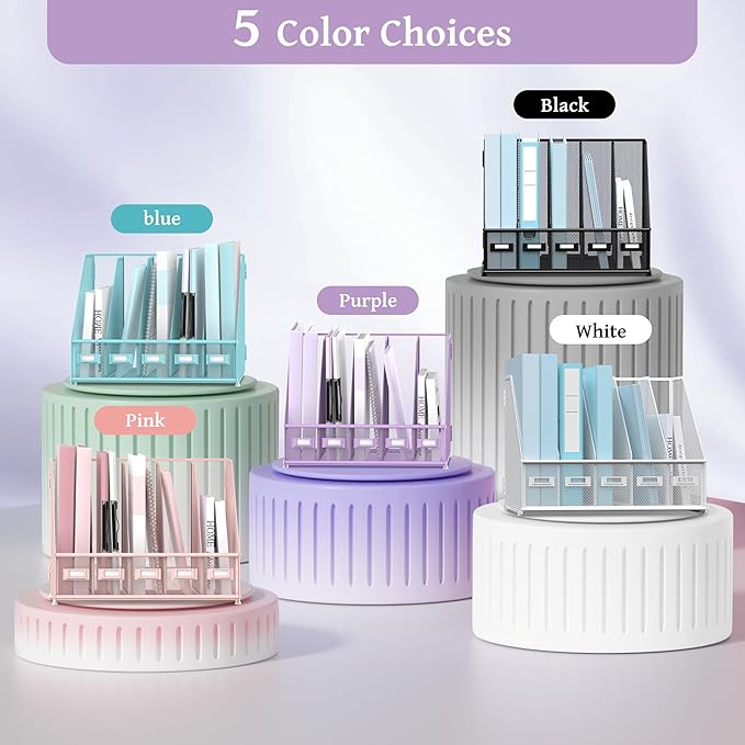SUPEASY Desk Organizers Metal Desk Magazine File Holder with 5 Vertical Compartments Rack File Organizer for Office Desktop, Home Workspace, Purple-DeskLoop Office