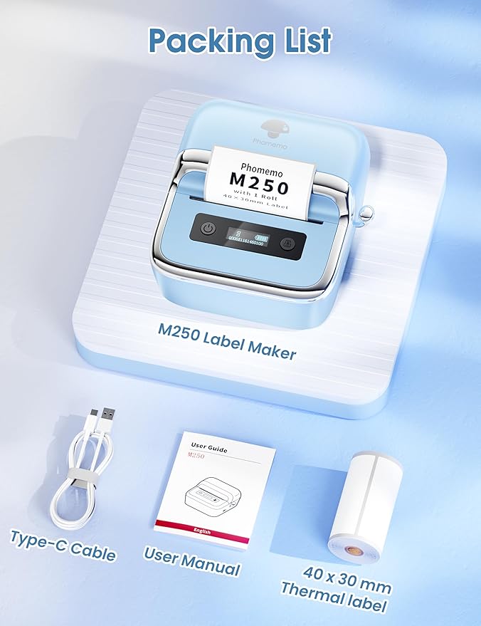 Phomemo M250 Label Maker, 3" Thermal Barcode & Address Printer - Portable Label Maker for Business, Home & Logos, Sticker Printer Compatible with Phones & PCs, with 100 Labels, 40x30mm-DeskLoop Office