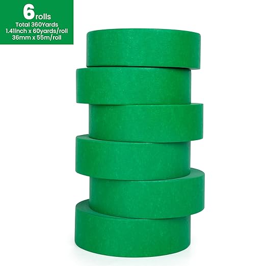 Green Painters Tape Multi-Surface Masking Tape 1.41 inch x 60 Yard, Indoor and Outdoor Painting Tape, Residue Free Easy Removal with Sharp Lines, Paint Tape for Walls, Auto, Home, 6Rolls-DeskLoop Office