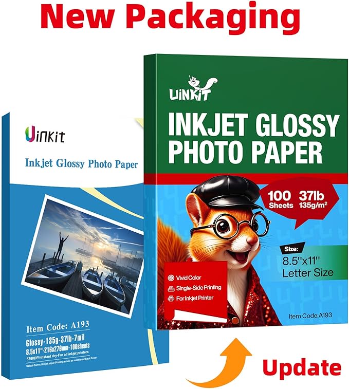 Uinkit 37lb Thin Flyer Paper Glossy 8.5x11 Inkjet 100 Sheets Single Side DIY Chip Bag 135gsm Printer Picture for Inkjet Printer with Dye Ink Letter size A4 Brochure (8.5X11X100)-DeskLoop Office