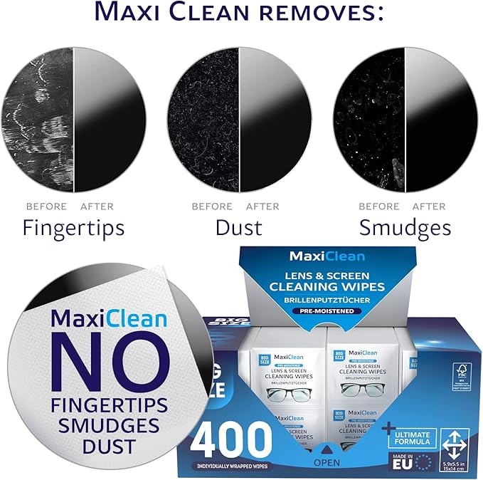 Glasses Wipes Lens Cleaner - Lens Wipes for Eyeglasses - 400 Pre-moistened Individually Wrapped Wipes for Eye Glasses, Electronics, Phone, Computer, Laptop Screen - Camera Lens Cleaner - Made in EU-DeskLoop Office