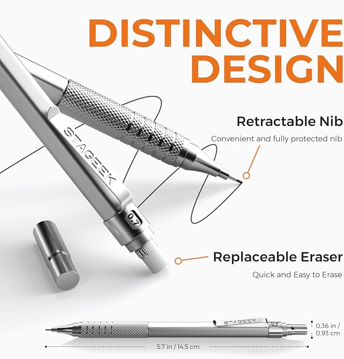 21PCS Metal Mechanical Pencil Set, Art Lead Pencil 0.3, 0.5, 0.7, 0.9, 2mm Holder(HB 2H 2B 4B Color) with 10 Tubes Graphite Lead Refills Eraser with Case for Drafting Drawing Sketching-DeskLoop Office