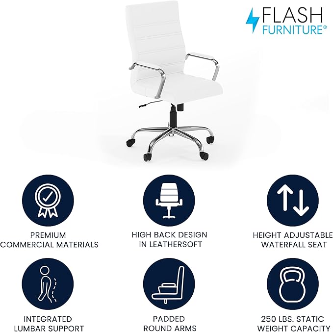 Flash Furniture Whitney High-Back Swivel LeatherSoft Desk Chair with Padded Seat and Armrests, Adjustable Height Padded Office Chair, White/Chrome-DeskLoop Office