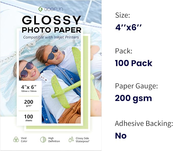 4x6 Photo Paper, Goefun 200GSM/54LB Glossy Inkjet Printer Paper for Dye Ink, 100 Sheets-DeskLoop Office