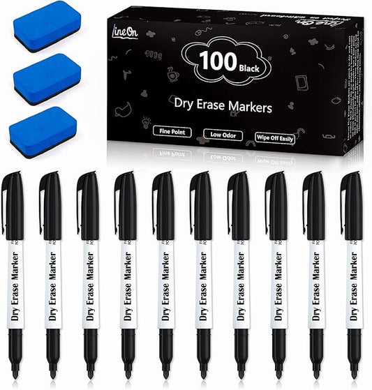 100 Bulk Pack Black Whiteboard Markers with 3 Erasers, Fine Point Dry Erase Markers Perfect For Writing on Dry-Erase Boards, Glass for School Office Home-DeskLoop Office