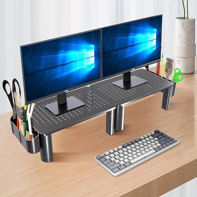 Pholiten 2 Pack Monitor Stand Riser, 3 Height Adjustable Monitor Stand, Flat Screen TV Monitor Stand Riser, Sturdy Metal Laptop Computer Monitor Stand Shelf for Printer, iMac,Premium Metal Monitor Risers for 2 Monitors