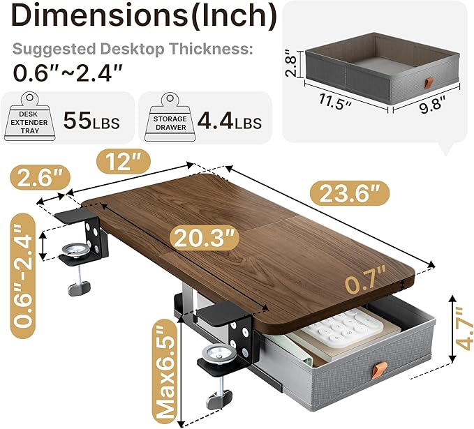 Desk Extender Tray, 24" x 12" Clamp On Desk Shelf, Desk Extension with Storage Drawer, Table Desk Arm Rest, Clamp On Keyboard Tray for Office and Home, Workstation Organizer, Medium, Walnut-DeskLoop Office