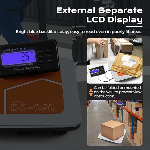 Bonvoisin Postal Scale Digital 300kg/ 660lb Parcel Shipping Scale kg/oz/lb Switchable, Heavy Duty Package Scale for Weighing Boxes/Luggage with Stainless Steel Platform 4 AA Batteries & Power Adapter-DeskLoop Office