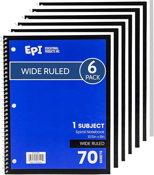 EPI Spiral Notebook | Wide - 70 Sheets, Durable Spiral Binding | 10.5 x 8 in | Classroom Supplies | School, Office, Note Taking, Journaling - 6 Pack-DeskLoop Office