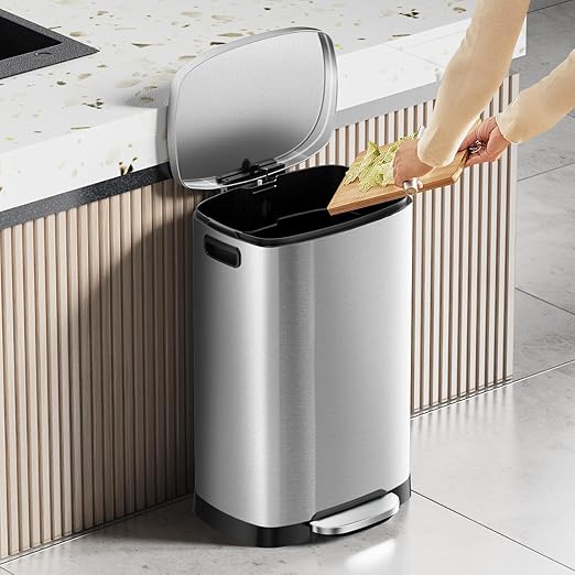 KUK 13 Gallon/50L Stainless Steel Kitchen Trash Can with Lid and Step Pedal-Large Capacity Garbage Bin with Odor Seal, Silent Close Lid, Removable Inner Bucket for Home, Kitchen, Bedroom, Silver-DeskLoop Office