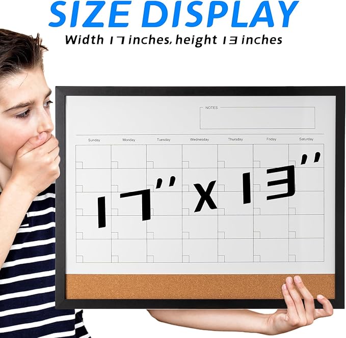 Dry Erase Calendar Whiteboard, 17" x 13" Magnetic Whiteboard Cork Board Combo, Reusable Monthly Planner with 8 Markers, Eraser, Magnets and Pushpins, Hanging Dry Erase Board for Home, School - Black-DeskLoop Office