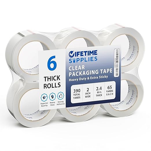 6 Rolls | 2.4 mil Clear | 65 Yards Each (390 Yards Total) | 2" Premium Packing Tape Heavy Duty Packaging Tape for Shipping Moving Stronger Thicker-DeskLoop Office