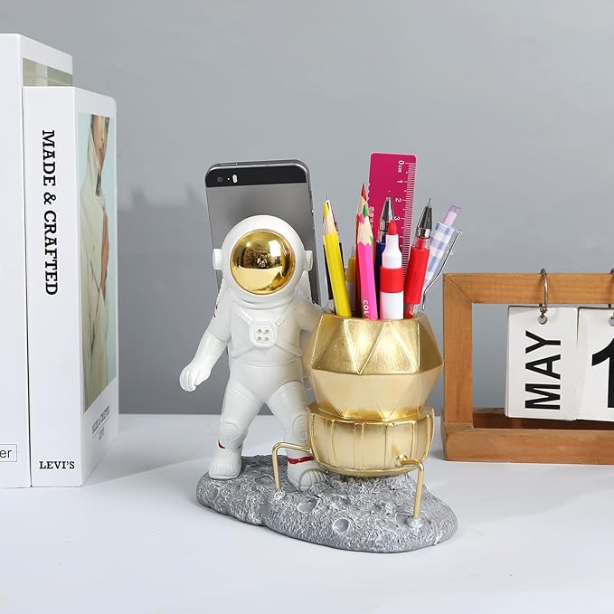Astronaut Pen Pencil Holder with Phone Stand Resin Spaceman Pencil Holder Desk Pen Holder Organizer Decorative Accessories Suitable Office Classroom Home Creative Gifts for Adults and Kids-DeskLoop Office