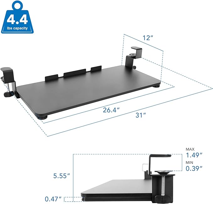 Mount-It! Under-Desk Keyboard Tray, Slide-Out Clamp-On Keyboard and Mouse Drawer, 26.4" W x 11.8" D Ergonomic Retractable Platform for Typing, No-Drill Installation, Black-DeskLoop Office