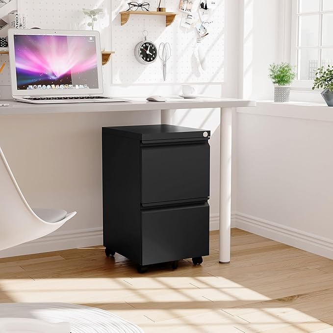 2 Drawer Metal File Cabinet with Lock, Rolling File Cabinets with Lock for A4/Legal/Letter Size, Under Desk Filing Cabinet for Home Office Assembly Required(Black)-DeskLoop Office