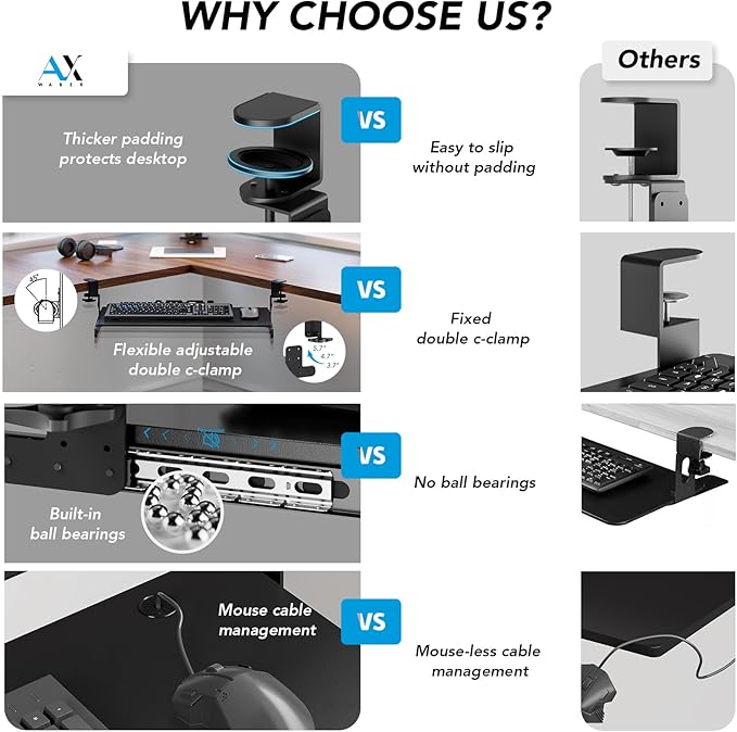 Keyboard Tray Under Desk Pull Out with Extra Sturdy C Clamp Mount System, 27.3 (32.5 inch Including Clamps) x 11 Inch Slide-Out Platform Computer Drawer for Typing Black AX01WB01-DeskLoop Office
