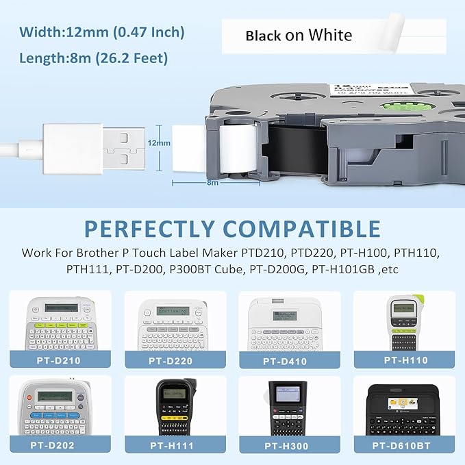 TZe TZ Tape 12mm 0.47 Laminated White Replacement for Brother P Touch TZe-231 TZC-231 P Touch Label Tape Refill Work for Brother P-Touch Label Maker PT-D210 PT-D220 PT-H110 PT-D600 PT-D400, 8m 26.2ft-DeskLoop Office