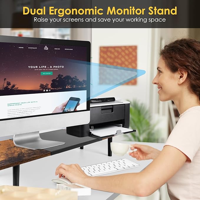 Dual-Monitor-Stand-Riser-For-Desk Adjustable Length 32-40 Inch, Large Desktop Computer Monitor Riser For 2 Screens, Desk Shelf Organizer Riser Stand For Computer/Laptop/PC/Printer/TV Brown-DeskLoop Office