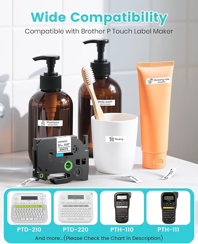 Airmall 12mm .47 Laminated White Tz Tape Compatible with Brother Label Maker Tape Refill TZe-231 TZe231 Replace for Brother P Touch D210 D200 D400 1280 1290 1880, Black on White 1/2 Inch, 5-Pack-DeskLoop Office