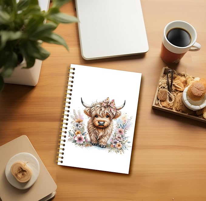 Floral Highland Cow Notebook - Western Notebook, Cow Notebook, Highland Cow Office Supplies, Highland Cow Gifts, Cute Highland Cow Stuff, Farmhouse Highland Cows Spiral Notebook 5.5x8.3-DeskLoop Office