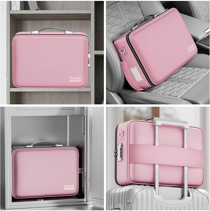 DocSafe Fireproof Document Box with Lock&Shoulder Strap,Hard Case File Organizer with Accordion File Folder,Multi-Layer Portable Home Office Travel Safe Storage for Important Documents Laptop Pink-DeskLoop Office