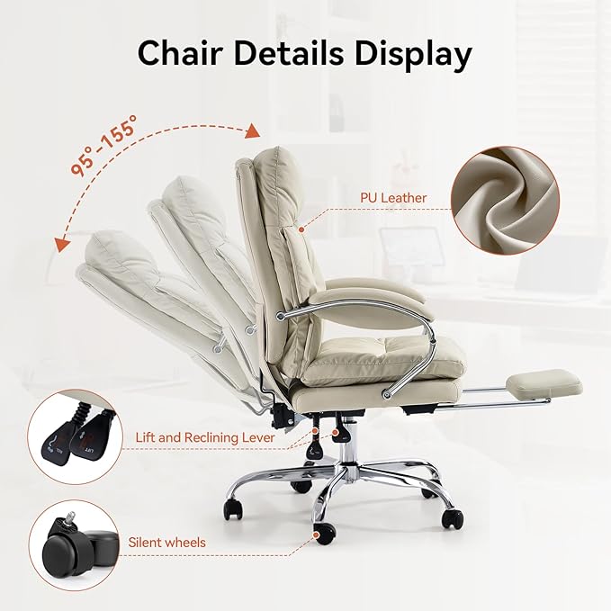 LEAGOO Office Chair with Foot Rest, Ergonomic Executive Office Chair with Arms, Reclining High Back PU Leather Comfy Swivel Computer Desk Chairs with Wheels and Lumbar Support for Home Office, Cream-DeskLoop Office