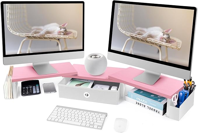 Dual Monitor Stand Riser With Drawer & Metal Leg, Large Desk Shelf For 2 Monitors w/ Adjustable Length & Angle, Desktop Organizer For Laptop/TV/Printer-DeskLoop Office