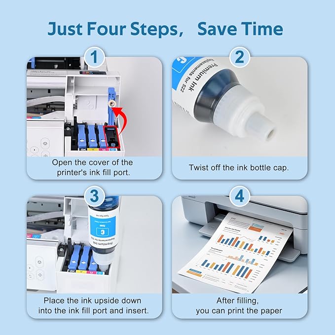 522 High Capacity Ink Refill Bottle Combo Pack Compatible for Epson 522 Ink Works with EcoTank ET-2400, ET-2720, ET-2800, ET-2803, ET-2840, ET-4700, ET-4800, ET-4810 Printer (4 Pack,70ML)-DeskLoop Office