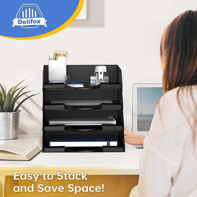 4 Pack Stackable Paper Trays for Letter Documents, Desktop File Organizers for Office Supplies, Stackable Desk Tray Holder for Paper Storage, Black-DeskLoop Office