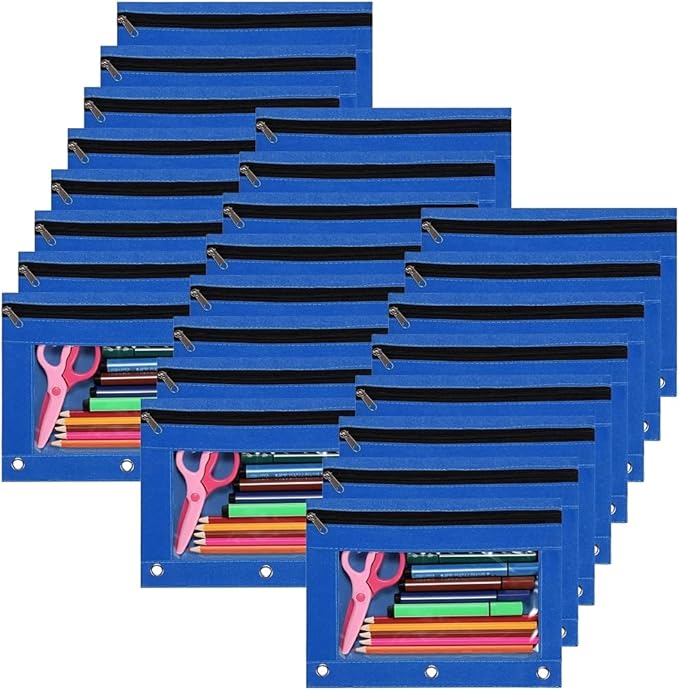 YoeeJob Binder Pouches for 3 Ring Binder, Pencil Pouch Pen Holder Case with Clear Window, Zipper Stationery Bag for School Class Office,24 Pack, Blue-DeskLoop Office