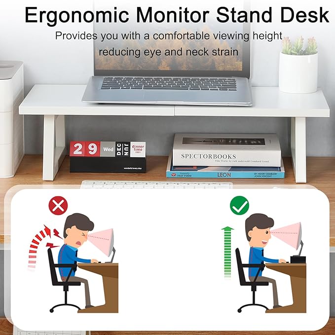 TEAMIX 24 inch Monitor Stand Riser, White Wood & Steel Computer Monitor Stand with Storage, Laptop, PC, Printer Stand Riser for Desktop Office Desk Organizers-DeskLoop Office