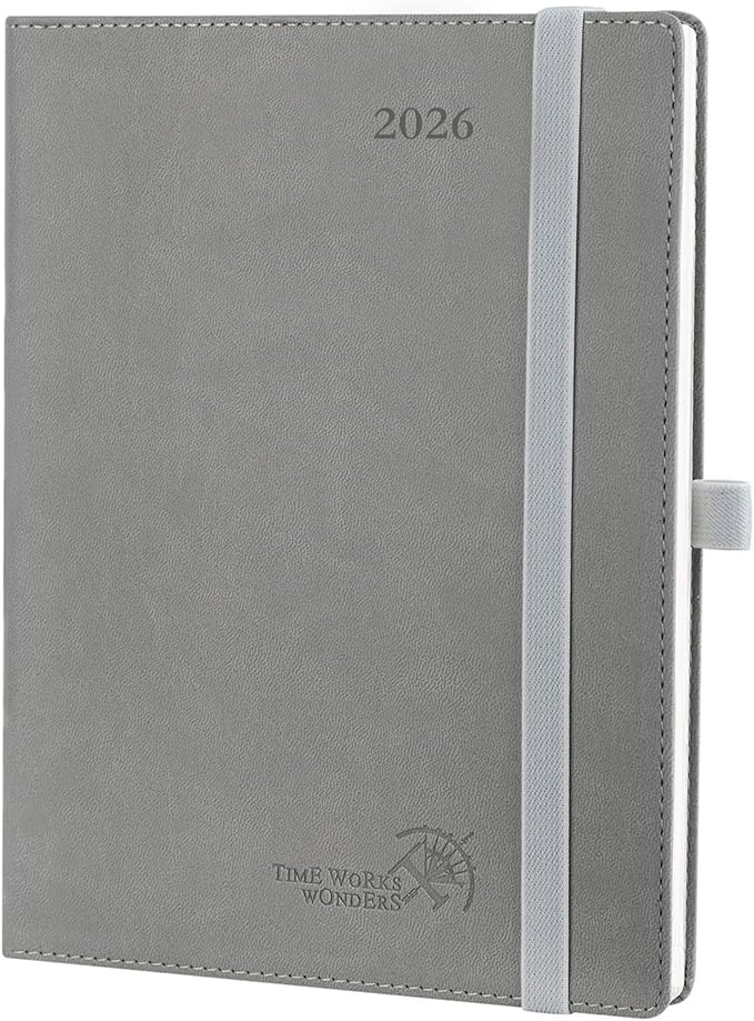 POPRUN 2026 Planner (Medium - 6.5'' x 8.5'') - 2026 Weekly Calendar ((Jan. 2026 - Dec. 2026) with Hourly Time Slots, Weekly/Monthly Appointment Book for Time Management - Leather Soft Cover - Grey-DeskLoop Office