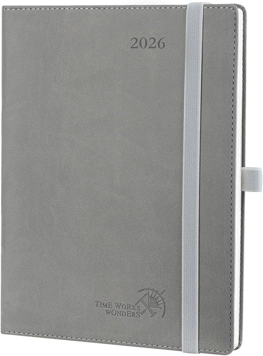 POPRUN 2026 Planner (Medium - 6.5'' x 8.5'') - 2026 Weekly Calendar ((Jan. 2026 - Dec. 2026) with Hourly Time Slots, Weekly/Monthly Appointment Book for Time Management - Leather Soft Cover - Grey-DeskLoop Office