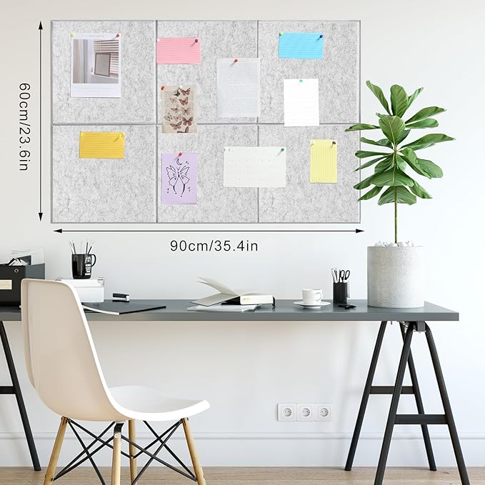 Large Cork Board 36" x 24", 6 Pack Felt Wall Tiles with Colored Pushpins, Bulletin Board with Removable Self-Adhesive Strips, Pin Board Cork Boards for Walls Office Home-Light Gray-DeskLoop Office