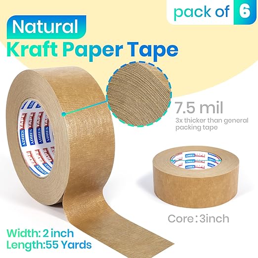 ADHES Premium Kraft Paper Tape, 7.5mil, 2 Inch x 55 Yards x 6 Rolls, Biodegradable Paper Packing Tape Writable & Uncoated Heavy Duty Brown Packing Tape for Shipping, Moving, Sealing-DeskLoop Office