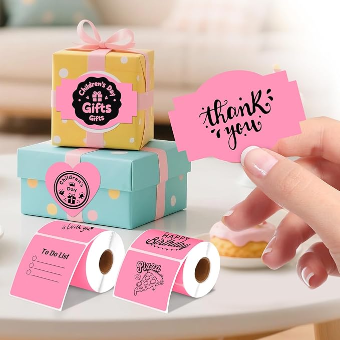2 Rolls Pink Thermal Labels Personalized & Business Customized Label Stickers for Phomemo 241BT for MUNBYN 130B/RW402B Printers, 600Pcs Waterproof Shipping Label Sheet for Logo/Name/Thanks-DeskLoop Office