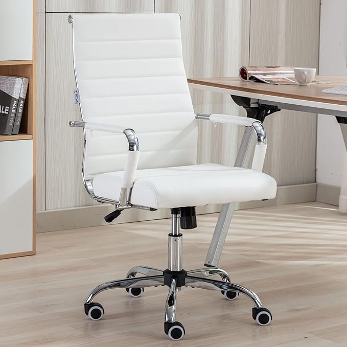 Home Office Chair Ribbed, Modern Leather Conference Room Chairs, Ergonomic Office Desk Chair, High Back Executive Computer Chair, Adjustable Swivel Chair with Arms (White)-DeskLoop Office