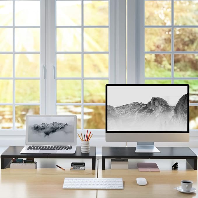 TEAMIX 2 Pack Monitor Stand Riser-20 inch, Black Desktop Stand for PC/TV/Laptop/Printer, Keyboard Shelf Organizer Wood Monitor Riser with Storage-DeskLoop Office