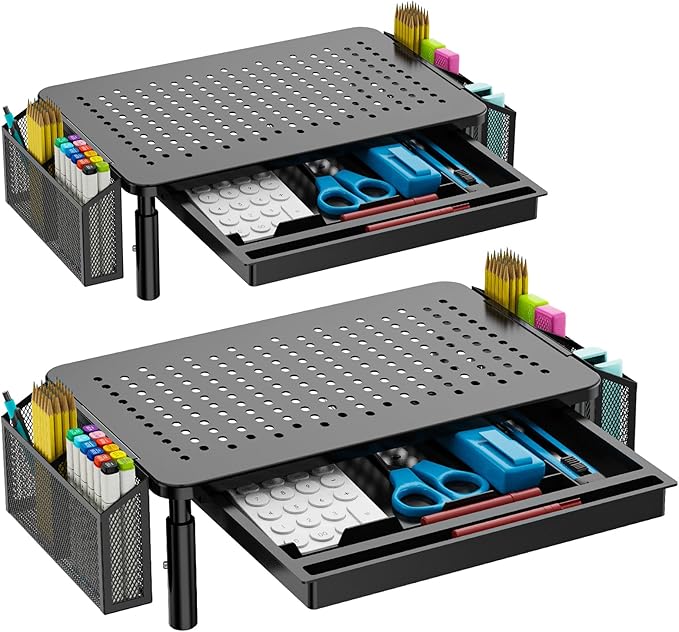 WALI Dual Monitor Stand with Storage, Desk Organizer with Drawer and Pen Holder, Desk Monitor Riser 3 Height Adjustable, Laptop Riser for Computer, Laptop, Printer (STT003DH-2B), 2 Pack, Black-DeskLoop Office