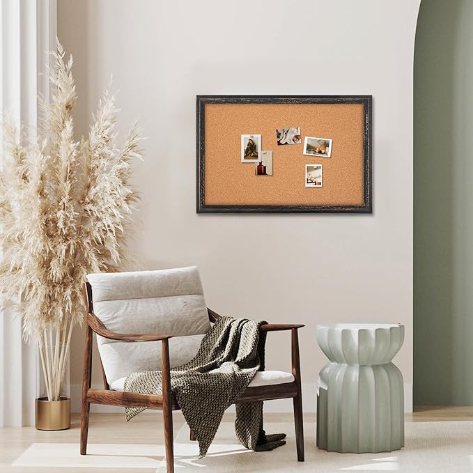 Cork Board Bulletin Board, 30" x 20" Corkboard for Wall, Rustic Black Wooden Frame, Decorative Hanging Pin Board for Home Office Room Decor, 10 Push Pins-DeskLoop Office