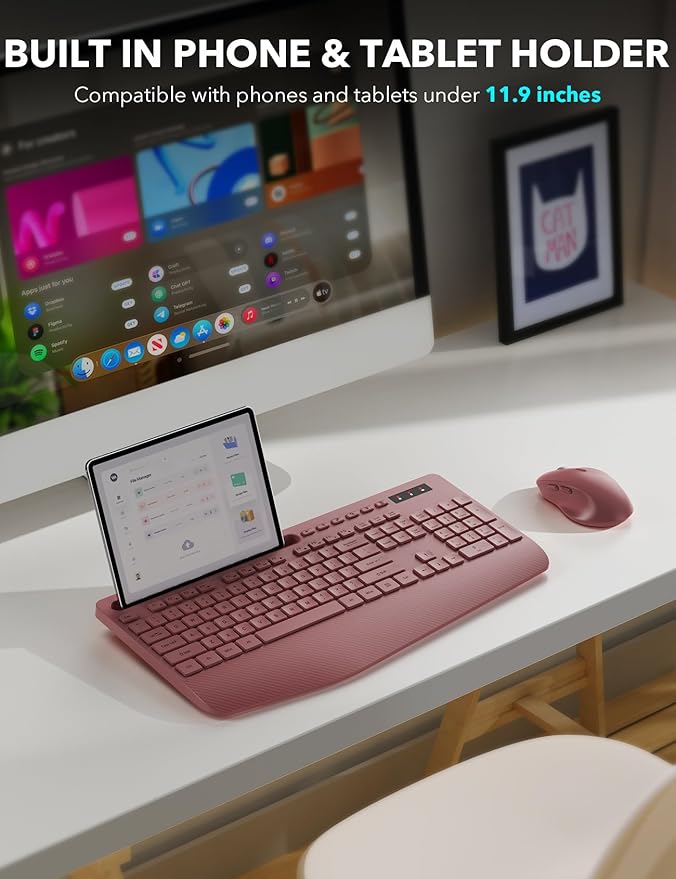 Wireless Keyboard and Mouse Combo - Full-Sized Ergonomic Keyboard with Wrist Rest, Phone Holder, Sleep Mode, Silent 2.4GHz Cordless Keyboard Mouse Combo for Computer, Laptop, PC, Mac, Windows-DeskLoop Office