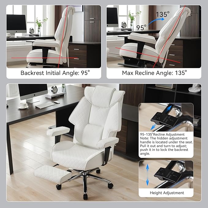 Big and Tall Office Chair with Footrest, PU Leather High Back Executive Office Chair 400lbs, Ergonomic Computer Chairs Lumbar Support for Heavy People (White)-DeskLoop Office