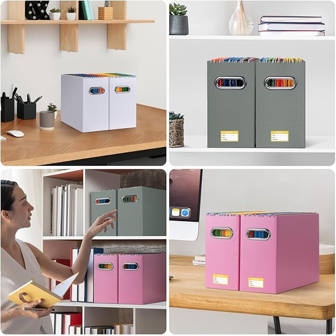 BALEINE File Organizer Box, Cardboard File Folder Organizer with Handle for Letter Size, Portable Collapsible Hanging Filing Box for Home Office Document Storage (2 Pack, Grey)-DeskLoop Office