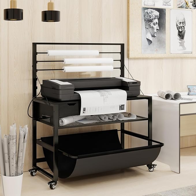 Natwind Wide Format Printer Stand, Plotter Workbench Table with Pull-Out Drafting Storage, Roll Paper Holder, Accessory Drawer, Adjustable Storage Shelf for Plotters and Cutting Machines (Black)-DeskLoop Office