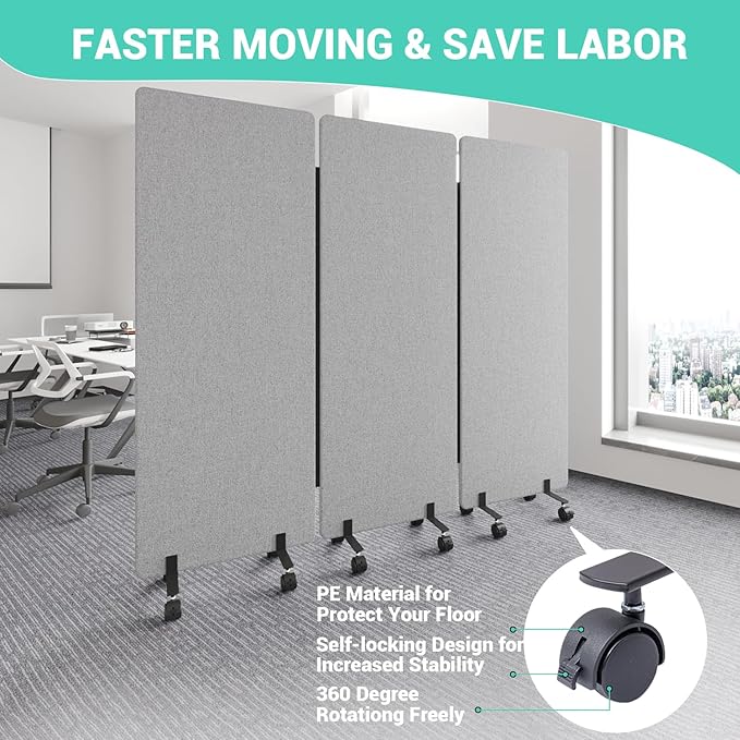 Soundproof Room Divider with Wheels, 66in Office Dividers for Sound Proofing & Reducing, 3 Panel Sound Proof Dividers for Office Partitions Portable Temporary Wall Acoustic Wall Divider,Light Grey