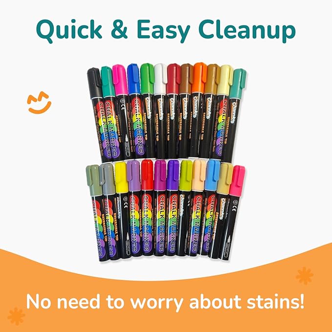 Channie's Liquid Chalk Markers, 24 Vibrant Colors, Dual-Tip Reversible Chisel & Round Tips, Works on Chalkboards, Glass, Mirrors & More, Easy to Wipe Off, Includes Labels & Tweezers-DeskLoop Office