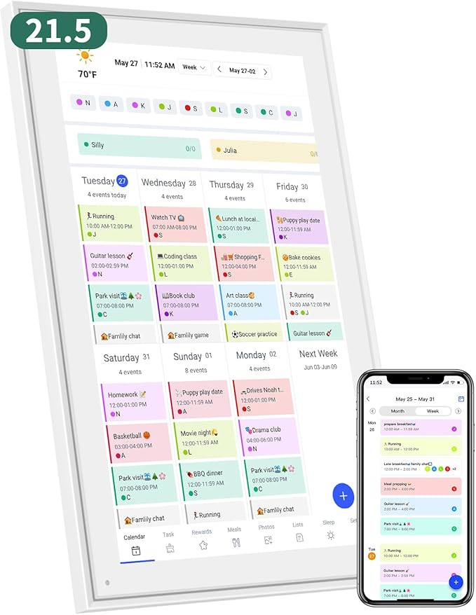 21.5 Inch Smart Digital Calendar β Electronic Chore Chart & Planner with 1920x1080P IPS Touchscreen, Weekly/Monthly Family Organizer for Wall or Desk, White 2025 New Version-DeskLoop Office
