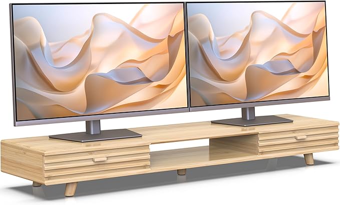 Bamboo Monitor Stand with Drawer - Desk Organizer with Cable Management & Storage, Ergonomic Laptop Riser for Home Office (220lbs Capacity, 39 inch ,Natural)-DeskLoop Office