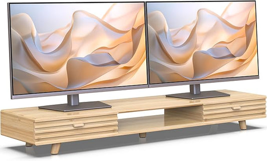 Bamboo Monitor Stand with Drawer - Desk Organizer with Cable Management & Storage, Ergonomic Laptop Riser for Home Office (220lbs Capacity, 39 inch ,Natural)-DeskLoop Office