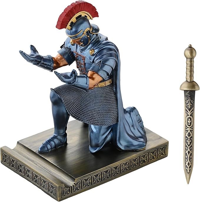 Roman Praetorian Prefect Warrior Knight Pen Holder Desk Ornament Resin Praetorian Guard Mobile Phone Stand Desk Accessories and Organizer for Office with a Letter Opener (Blue)-DeskLoop Office